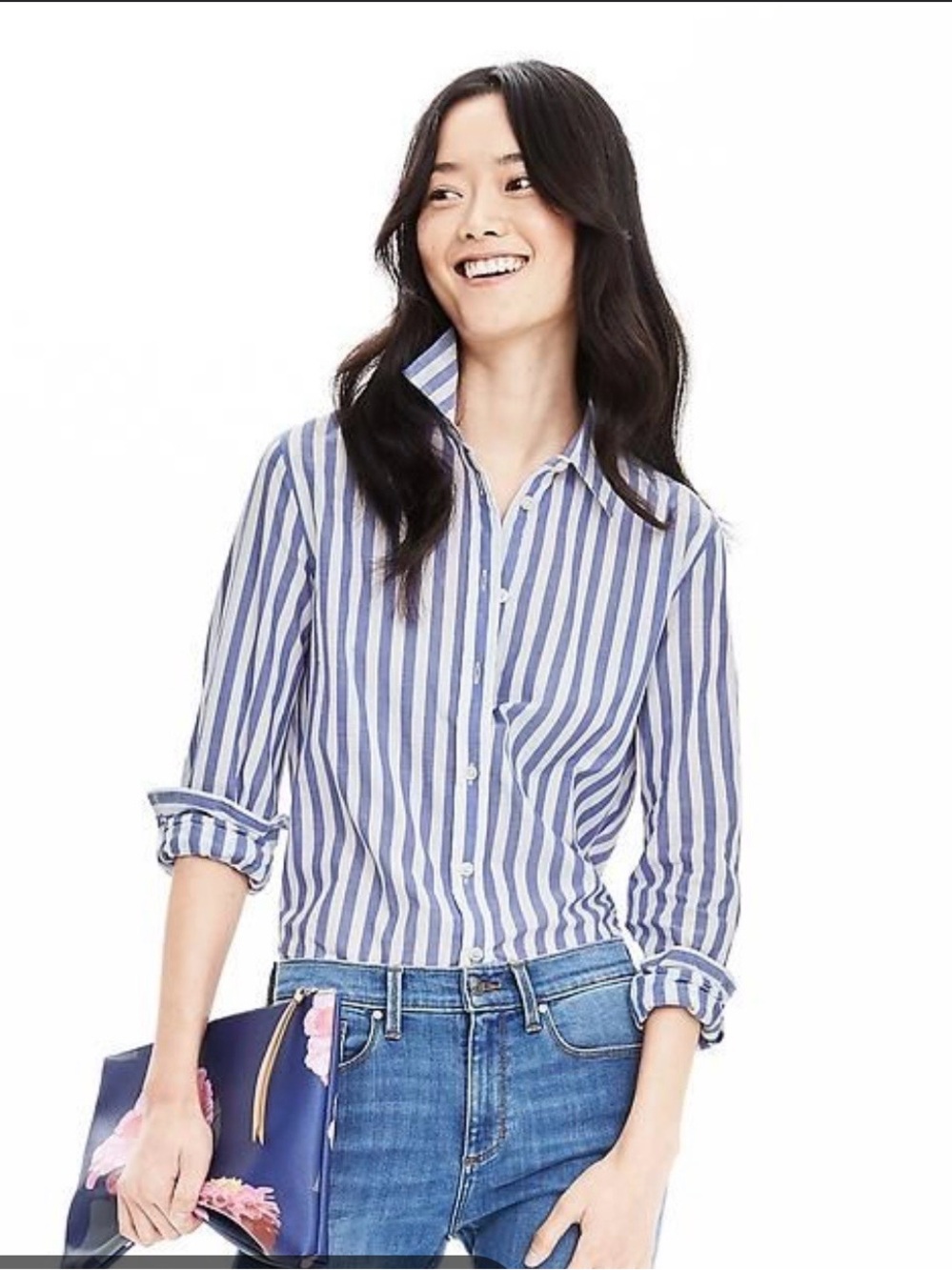 Banana Republic Blue and White vertical Striped Button-Down Shirt. Size XS/TP